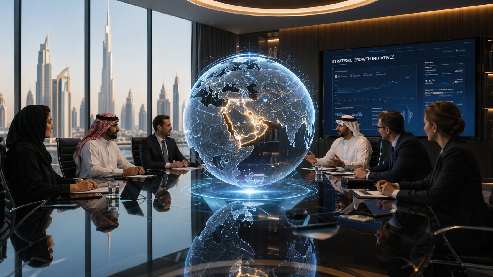 Corporate executives in a modern GCC boardroom discussing strategy around a glowing digital globe, symbolizing the rise of Sovereign AI in the region