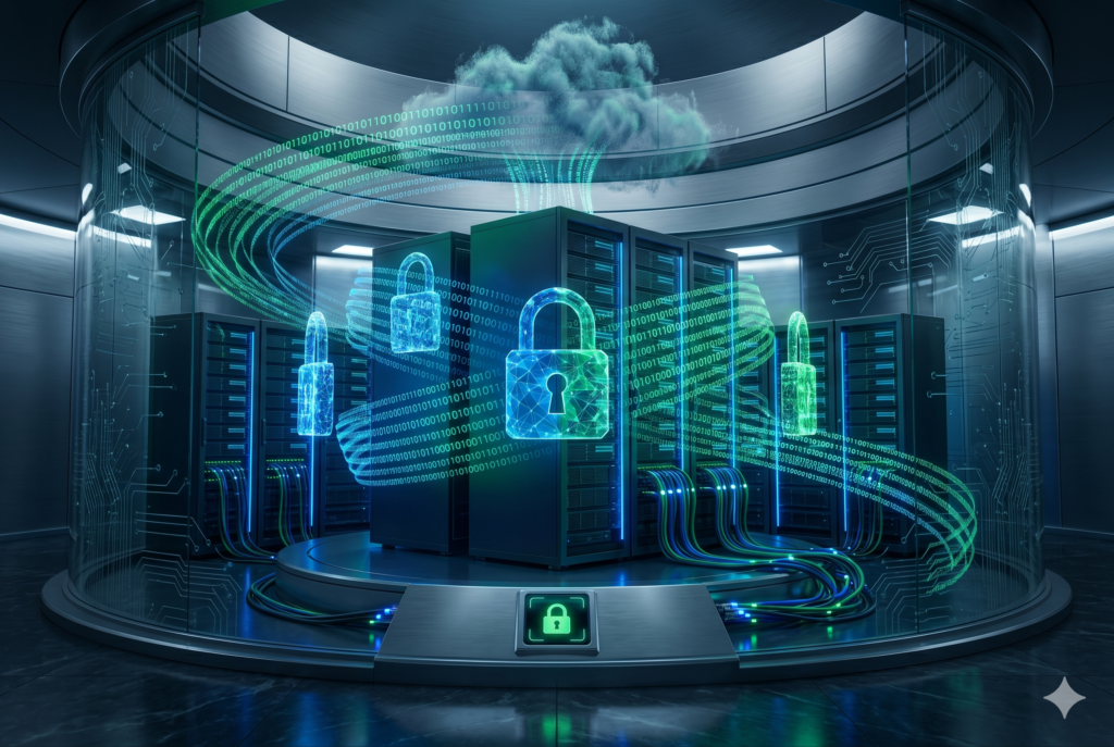  A secure digital vault protecting a glowing data server, representing the GCC's shift toward localized data sovereignty and secure enterprise infrastructure.
