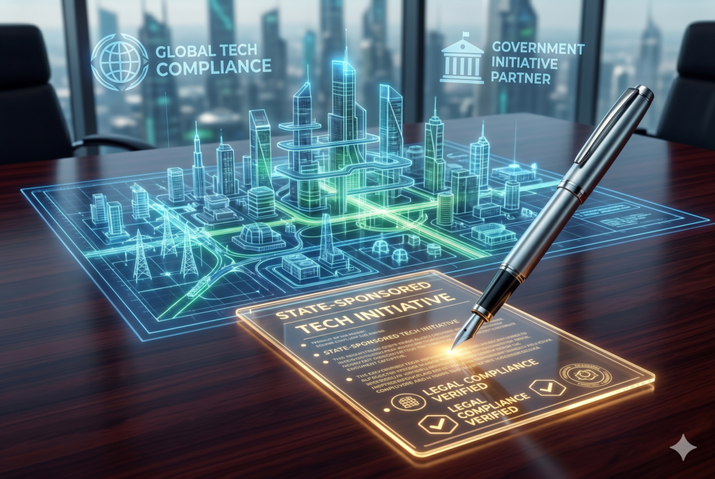 A digital blueprint and smart contract on a corporate desk, symbolizing government backing and regulatory frameworks for Sovereign AI startups.
