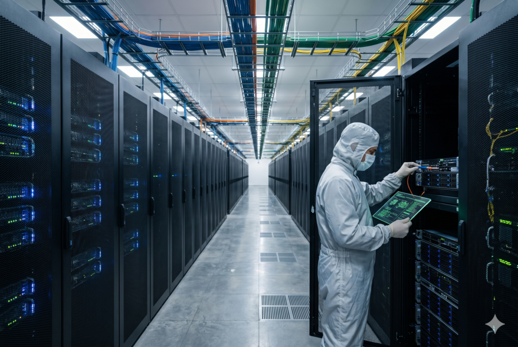 The interior of a hyper-scale enterprise data center in the Middle East, highlighting massive institutional investments in Sovereign AI hardware
